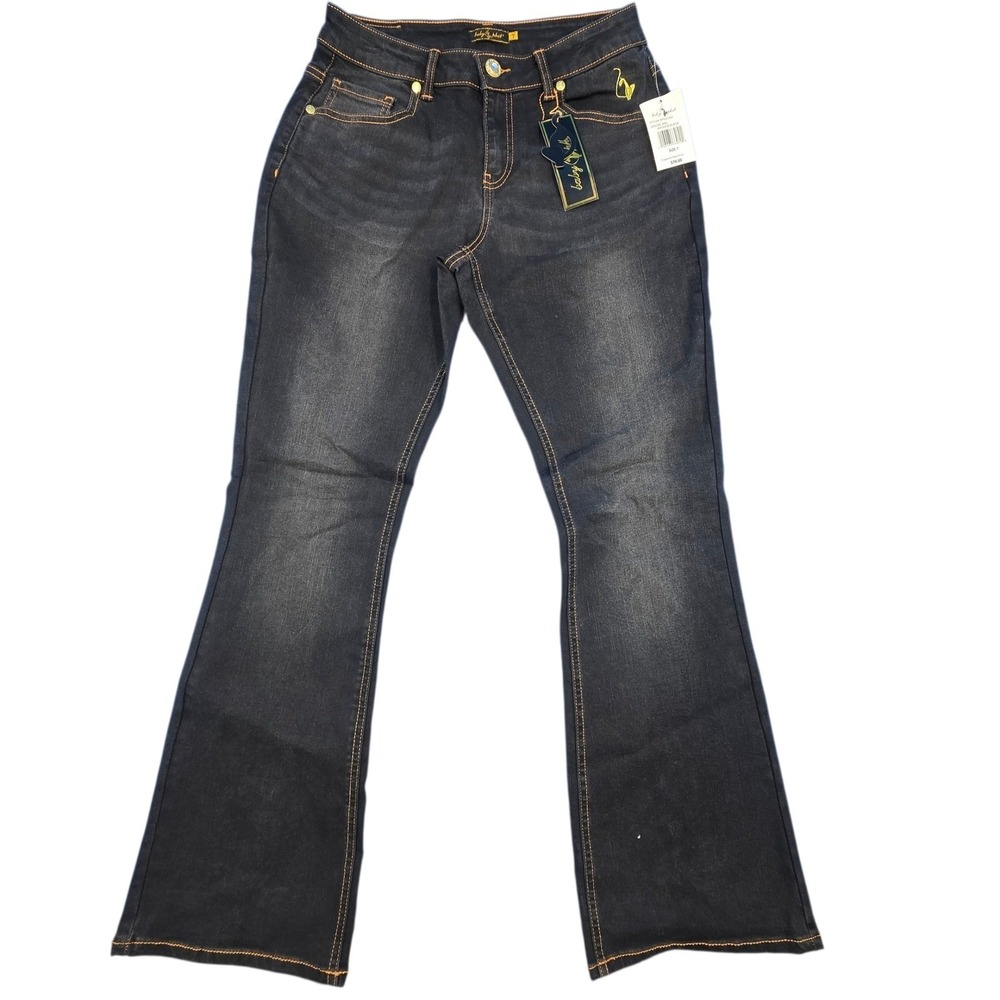 Baby Phat Flare Jeans‎ Size 7 NWT Washed Black Rhinestone Cat Logo Y2K McBling